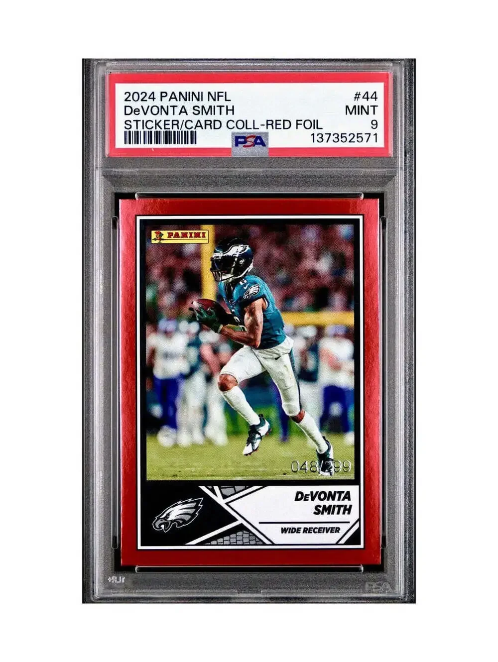 DeVonta Smith 2024 Panini Sticker Collection 048/299 #44 Red Foil PSA 9 Mint